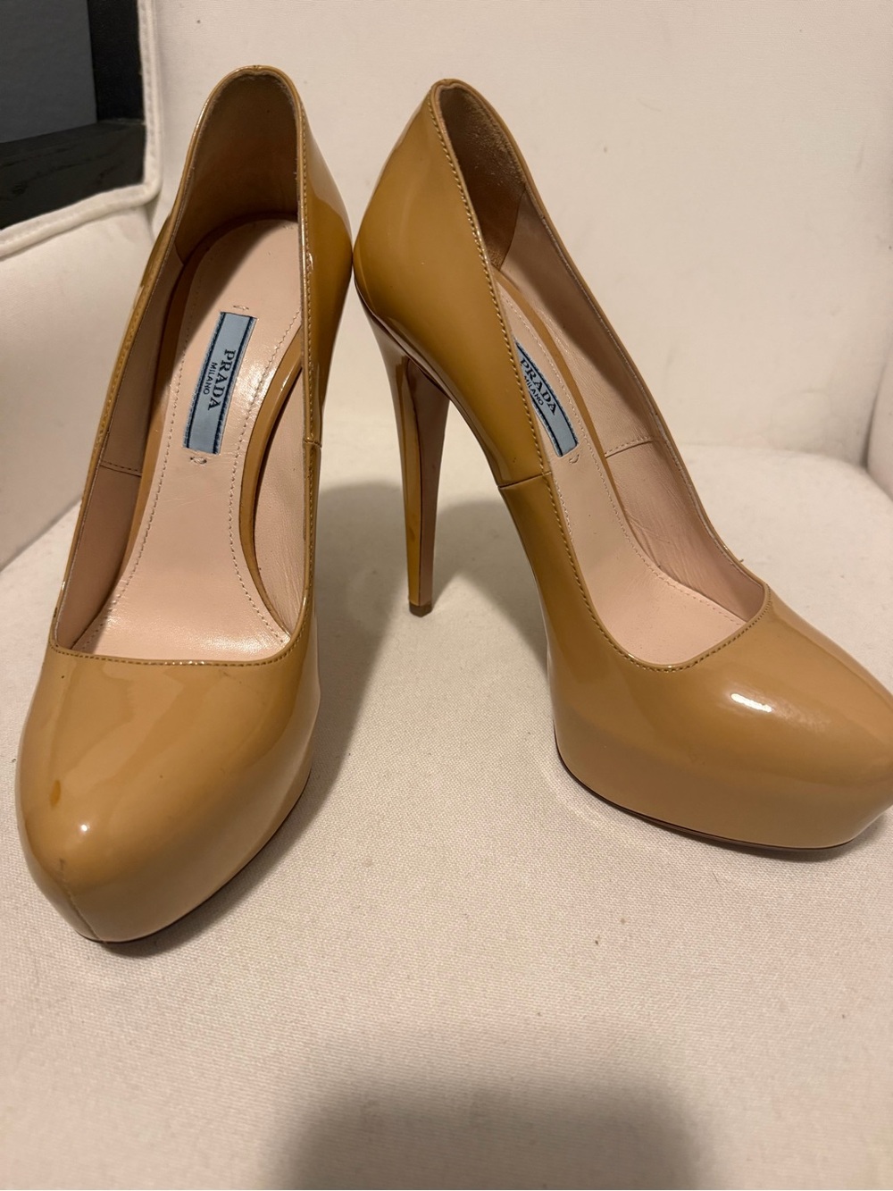 Prada Tan Patent Leather Platform Stiletto Pumps